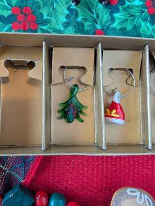 party set of 5 Christmas-themed wine charms made from lamp-worked glass