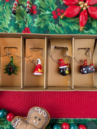 party set of 5 Christmas-themed wine charms made from lamp-worked glass