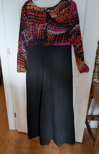 long vintage autumnal dress with multicolour top in warm colours with a black maxi skirt