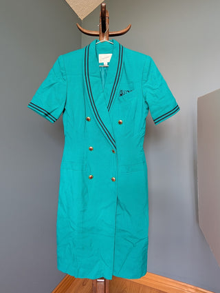 Turquoise double breasted button-up dress flight attendant-style by Jacqueline Ferrar with stripes and gold buttons with stars