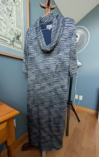 cowl neck fitted maxi dress with mottled blue patterned fabric and half sleeves by Robbie Bee