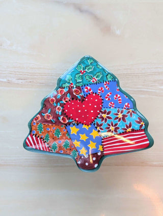 Patchwork style Christmass tree ceramic trinket box - Artful Accumulator Boutique Vintage