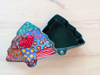 Patchwork style Christmass tree ceramic trinket box - Artful Accumulator Boutique Vintage
