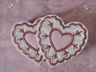 Pink "Double Heart" lidded trinket box with beaded lace details -  - #tag1# - #tag2# - #tag3# - #tag4# - the Artful Accumulator's Vintage Boutique