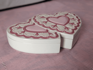 Pink "Double Heart" lidded trinket box with beaded lace details -  - #tag1# - #tag2# - #tag3# - #tag4# - the Artful Accumulator's Vintage Boutique
