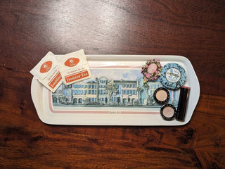 Rainbow Row in South Carolina, melamine tray with pink border around image - FADED - raised handles on sides -  - #tag1# - #tag2# - #tag3# - #tag4# - the Artful Accumulator's Vintage Boutique