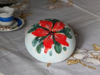 "Red Flower on Sky Blue" handpainted round trinket jar with red flower and blue background -  - #tag1# - #tag2# - #tag3# - #tag4# - the Artful Accumulator's Vintage Boutique