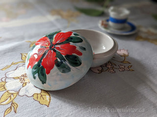"Red Flower on Sky Blue" handpainted round trinket jar with red flower and blue background -  - #tag1# - #tag2# - #tag3# - #tag4# - the Artful Accumulator's Vintage Boutique