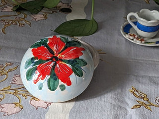"Red Flower on Sky Blue" handpainted round trinket jar with red flower and blue background -  - #tag1# - #tag2# - #tag3# - #tag4# - the Artful Accumulator's Vintage Boutique
