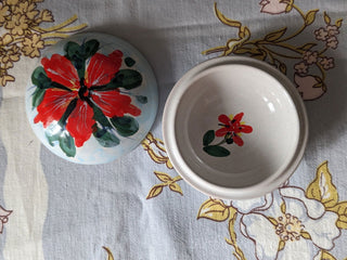 "Red Flower on Sky Blue" handpainted round trinket jar with red flower and blue background -  - #tag1# - #tag2# - #tag3# - #tag4# - the Artful Accumulator's Vintage Boutique
