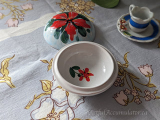 "Red Flower on Sky Blue" handpainted round trinket jar with red flower and blue background -  - #tag1# - #tag2# - #tag3# - #tag4# - the Artful Accumulator's Vintage Boutique
