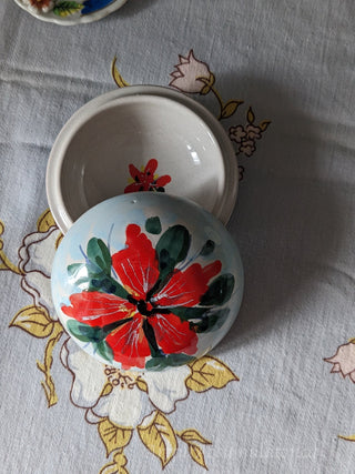 "Red Flower on Sky Blue" handpainted round trinket jar with red flower and blue background -  - #tag1# - #tag2# - #tag3# - #tag4# - the Artful Accumulator's Vintage Boutique