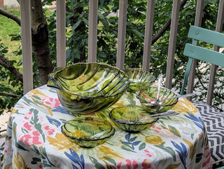 Rich green vintage clamshell serving bowl set with 4 small salad dessert bowls - Artful Accumulator Boutique Vintage