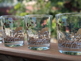 SET of 4 tapered Rocks Glass with deer, field of wheat, forest, geese -  - #tag1# - #tag2# - #tag3# - #tag4# - the Artful Accumulator's Vintage Boutique