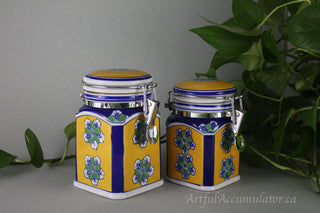 SET of two jars with hinged lids: Yellow and Blue with green flowers -  - #tag1# - #tag2# - #tag3# - #tag4# - the Artful Accumulator's Vintage Boutique