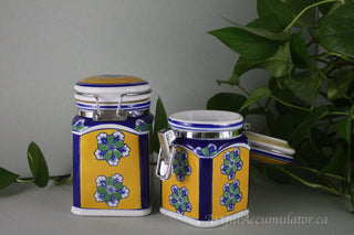 SET of two jars with hinged lids: Yellow and Blue with green flowers -  - #tag1# - #tag2# - #tag3# - #tag4# - the Artful Accumulator's Vintage Boutique