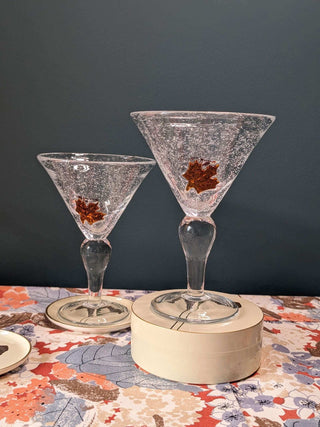 Set of 2 "Bubbled Maple Martini Glasses" with a glass maple leaf, hand blown -  - #tag1# - #tag2# - #tag3# - #tag4# - the Artful Accumulator's Vintage Boutique