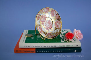 Set of 2, small dish with Inlaid gold leaves & pink roses, ring dish, saucer -  - #tag1# - #tag2# - #tag3# - #tag4# - the Artful Accumulator's Vintage Boutique