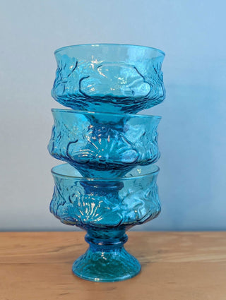 Set of 3 blue green glass stemmed sundae dishes with decorative embossing of design - Artful Accumulator Boutique Vintage