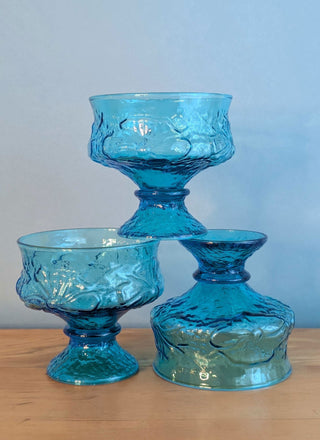 Set of 3 blue green glass stemmed sundae dishes with decorative embossing of design - Artful Accumulator Boutique Vintage
