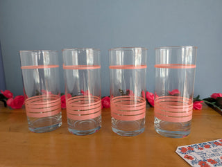 Set of 4 clear drinking glasses with opaque shiny blush pink rings - Artful Accumulator Boutique Vintage