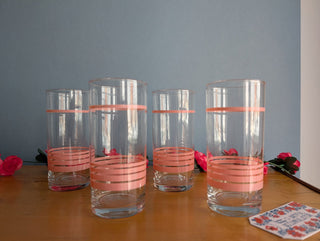 Set of 4 clear drinking glasses with opaque shiny blush pink rings - Artful Accumulator Boutique Vintage
