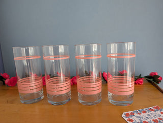 Set of 4 clear drinking glasses with opaque shiny blush pink rings - Artful Accumulator Boutique Vintage