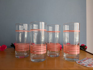 Set of 4 clear drinking glasses with opaque shiny blush pink rings - Artful Accumulator Boutique Vintage
