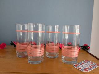 Set of 4 clear drinking glasses with opaque shiny blush pink rings - Artful Accumulator Boutique Vintage