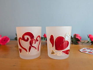 Set of hand painted hearts on etched glass votives candle holders - Artful Accumulator Boutique Vintage
