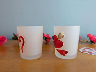 Set of hand painted hearts on etched glass votives candle holders - Artful Accumulator Boutique Vintage