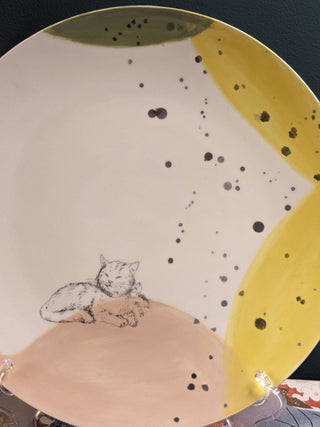 "Subtle Kitty" hand glazed decorative plate with drawn cat -  - #tag1# - #tag2# - #tag3# - #tag4# - the Artful Accumulator's Vintage Boutique
