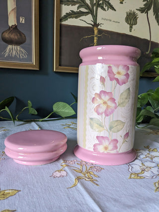 "That's sooo 90's" pink lidded ceramic storage jar with floral motif -  - #tag1# - #tag2# - #tag3# - #tag4# - the Artful Accumulator's Vintage Boutique