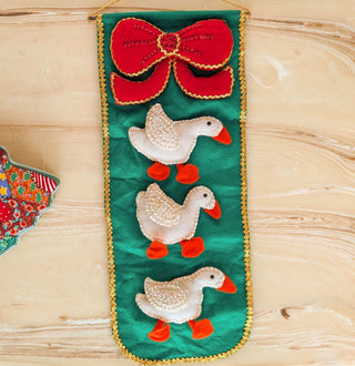 Three Geese with sequins and a red bow on a rich green background, hand sewn, seasonal holiday banner -  - #tag1# - #tag2# - #tag3# - #tag4# - the Artful Accumulator's Vintage Boutique