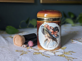Trinket bureau jar with 24kt gold lustre and a decal of a beautiful woman in a feathered hat with curly hair and bows. Brass clasp & hinge. (Copy) - Trinket Jars - #tag1# - #tag2# - #tag3# - #tag4# - the Artful Accumulator's Vintage Boutique