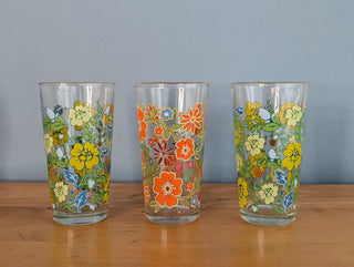 Trio of tumblers with orange and green floral patterns - Artful Accumulator Boutique Vintage