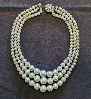 Triple stranded pearl necklace with flower closure - Artful Accumulator Boutique Vintage