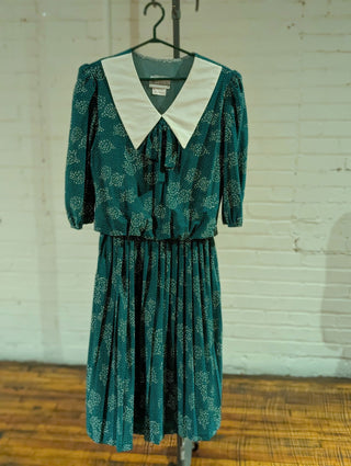 Turquoise patterned dress roses abstract dots white collar and bow - Artful Accumulator Boutique Vintage