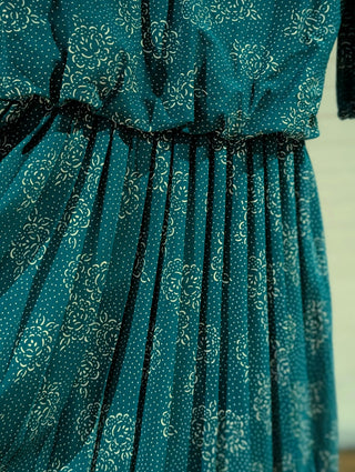Turquoise patterned dress roses abstract dots white collar and bow - Artful Accumulator Boutique Vintage