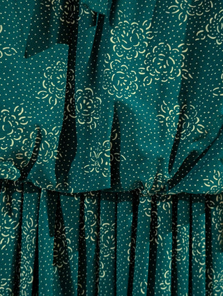 Turquoise patterned dress roses abstract dots white collar and bow - Artful Accumulator Boutique Vintage