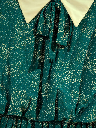 Turquoise patterned dress roses abstract dots white collar and bow - Artful Accumulator Boutique Vintage