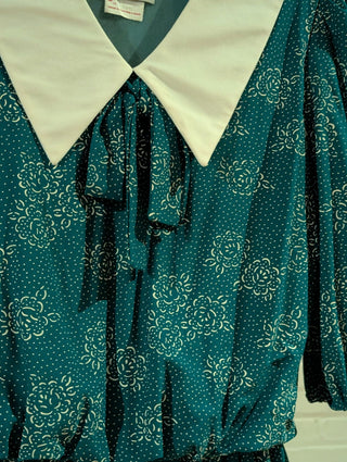 Turquoise patterned dress roses abstract dots white collar and bow - Artful Accumulator Boutique Vintage