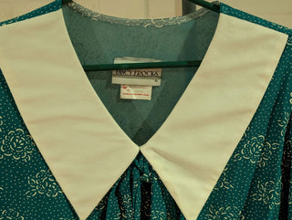 Turquoise patterned dress roses abstract dots white collar and bow - Artful Accumulator Boutique Vintage