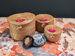 Vintage rattan nesting baskets (3) with embroidered floral detail AND 5 matching coasters with separate basket -  - #tag1# - #tag2# - #tag3# - #tag4# - the Artful Accumulator's Vintage Boutique