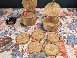 Vintage rattan nesting baskets (3) with embroidered floral detail AND 5 matching coasters with separate basket -  - #tag1# - #tag2# - #tag3# - #tag4# - the Artful Accumulator's Vintage Boutique