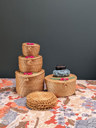 Vintage rattan nesting baskets (3) with embroidered floral detail AND 5 matching coasters with separate basket -  - #tag1# - #tag2# - #tag3# - #tag4# - the Artful Accumulator's Vintage Boutique