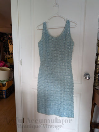 Beaded Wool Dress in a light sky blue yarn with faceted beads woven throughout