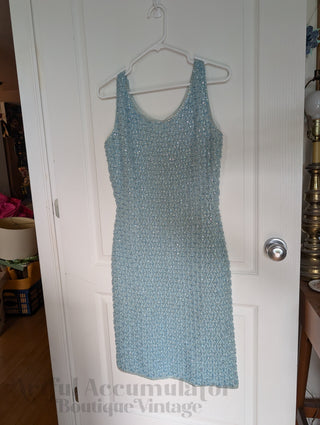 Beaded Wool Dress in a light sky blue yarn with faceted beads woven throughout