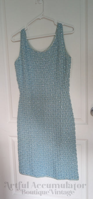 Beaded Wool Dress in a light sky blue yarn with faceted beads woven throughout