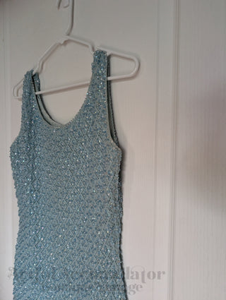 Beaded Wool Dress in a light sky blue yarn with faceted beads woven throughout
